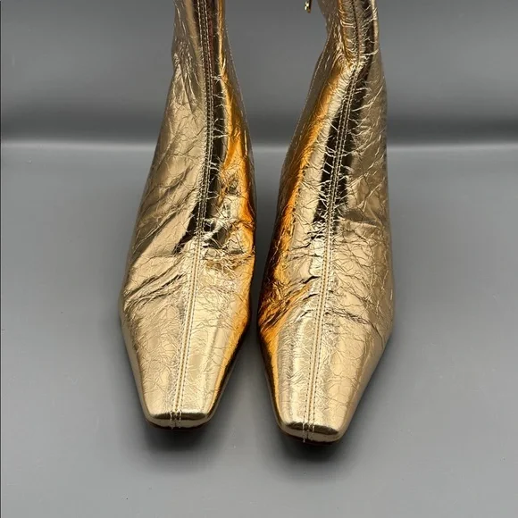 Michael Kors Cosmo Crinkle Metallic Leather Kitten Heel Booties in Gold - Picture 2 of 4